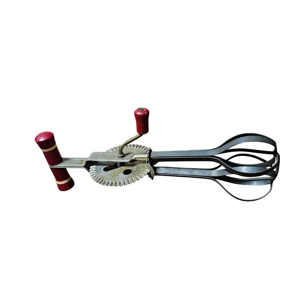 Vintage Ekco High Speed Super Center Drive Beater Red Wood Handle Hand Egg Mixer